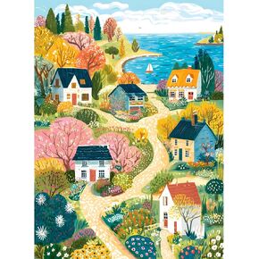 500 Piece Jigsaw Puzzle for Adults, Coastal Village Landscape Jigsaw Puzzle, Colorful Cottage Ocean View Art Puzzle for Adults, Relaxing Activity, for Puzzle Lovers in Saudi Arabia