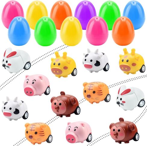 Quimoy 12 Pack Easter Eggs Filled with Animal Pull Back Cars, Prefilled Easter Eggs with Toys, Easter Theme Cartoon Animal Vehicles for Easter Game Basket Fillers Kids Party Favors in Saudi Arabia