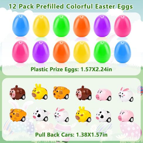 Quimoy 12 Pack Easter Eggs Filled with Animal Pull Back Cars, Prefilled Easter Eggs with Toys, Easter Theme Cartoon Animal Vehicles for Easter Game Basket Fillers Kids Party Favors in Saudi Arabia