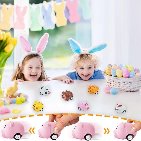 Quimoy 12 Pack Easter Eggs Filled with Animal Pull Back Cars, Prefilled Easter Eggs with Toys, Easter Theme Cartoon Animal Vehicles for Easter Game Basket Fillers Kids Party Favors in Saudi Arabia