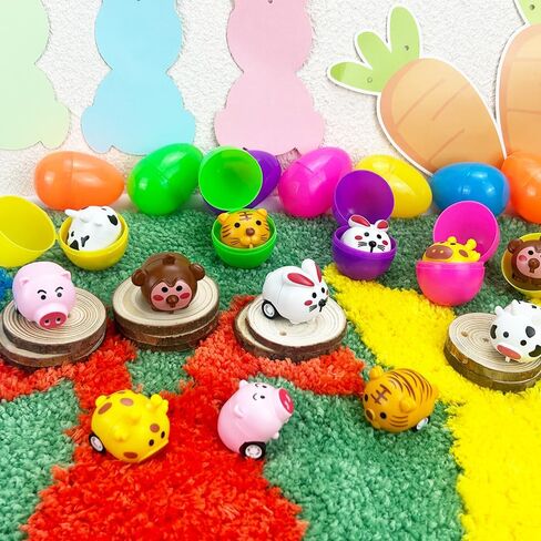 Quimoy 12 Pack Easter Eggs Filled with Animal Pull Back Cars, Prefilled Easter Eggs with Toys, Easter Theme Cartoon Animal Vehicles for Easter Game Basket Fillers Kids Party Favors in Saudi Arabia