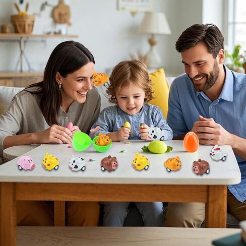 Quimoy 12 Pack Easter Eggs Filled with Animal Pull Back Cars, Prefilled Easter Eggs with Toys, Easter Theme Cartoon Animal Vehicles for Easter Game Basket Fillers Kids Party Favors in Saudi Arabia