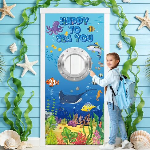 Ocean Sea Door Cover Back to School Classroom Decoration Happy to Sea You Photo Backdrop Props First Day of School Backdrop Banner Submarine Tropical Fish Door Sign for Summer Outdoor Party Wall Decor in Kuwait