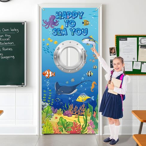 Ocean Sea Door Cover Back to School Classroom Decoration Happy to Sea You Photo Backdrop Props First Day of School Backdrop Banner Submarine Tropical Fish Door Sign for Summer Outdoor Party Wall Decor in Kuwait