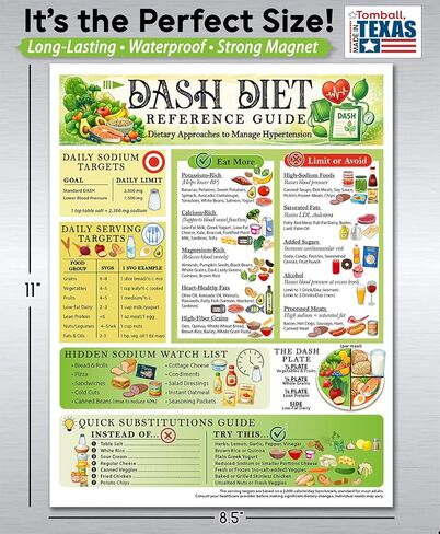 DASH Diet Reference Guide 8.5x11 Magnet, Hypertension Food Chart, Low Sodium Diet Plan, Blood Pressure Nutrition Guide, Heart Healthy Eating Reference, Fridge Magnet Waterproof Kitchen Chart in Kuwait