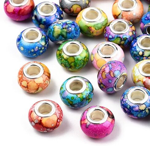 100pcs Watercolor Resin Large Hole European Beads, Colorful Rondelle Charms Silver Brass Core for Jewelry Making, Bracelet, Necklace, DIY Pens, Macrame, Hair Braids, European Charm in Saudi Arabia