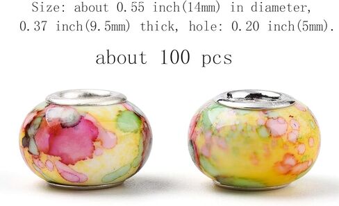 100pcs Watercolor Resin Large Hole European Beads, Colorful Rondelle Charms Silver Brass Core for Jewelry Making, Bracelet, Necklace, DIY Pens, Macrame, Hair Braids, European Charm in Saudi Arabia