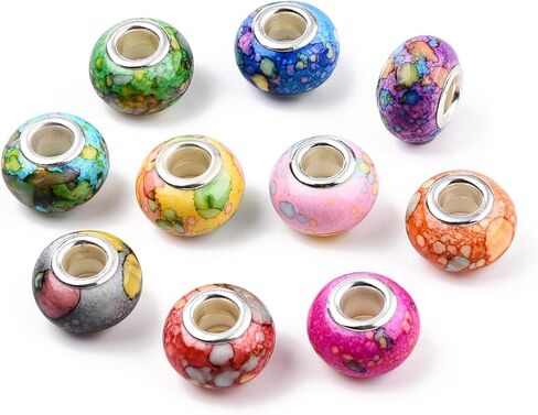 100pcs Watercolor Resin Large Hole European Beads, Colorful Rondelle Charms Silver Brass Core for Jewelry Making, Bracelet, Necklace, DIY Pens, Macrame, Hair Braids, European Charm in Saudi Arabia
