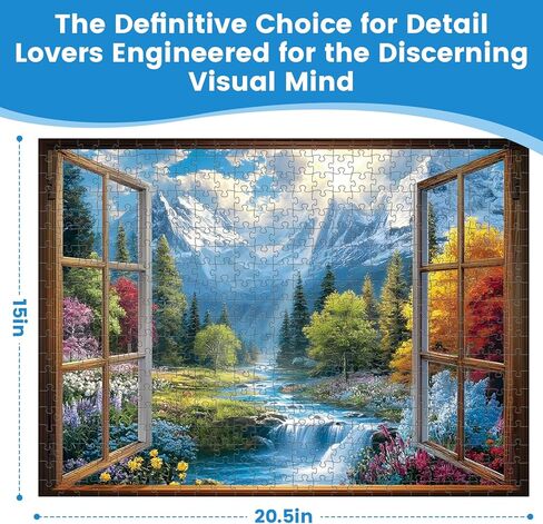 500 Piece Puzzle for Adults, Mountain Waterfall Window View Jigsaw Puzzle, Whimsical Four-Season Nature Scene with Snow Peaks & Sunlight, Fun Family Activity, Home Wall Decor, Gift for Adults & Teens in Saudi Arabia