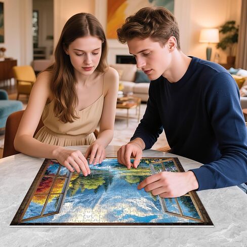 500 Piece Puzzle for Adults, Mountain Waterfall Window View Jigsaw Puzzle, Whimsical Four-Season Nature Scene with Snow Peaks & Sunlight, Fun Family Activity, Home Wall Decor, Gift for Adults & Teens in Saudi Arabia