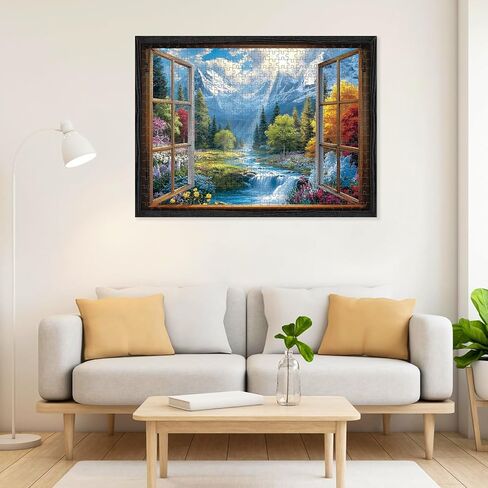 500 Piece Puzzle for Adults, Mountain Waterfall Window View Jigsaw Puzzle, Whimsical Four-Season Nature Scene with Snow Peaks & Sunlight, Fun Family Activity, Home Wall Decor, Gift for Adults & Teens in Saudi Arabia