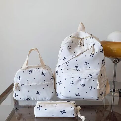 3-Piece Backpack Set for Women, Artistic Bow Daypack Fits 15 inch Laptop with Lunch Tote Bag & Pouch, Large Capacity Cute Bow Bag for Travel, Work, Commute（White and blue） in Kuwait