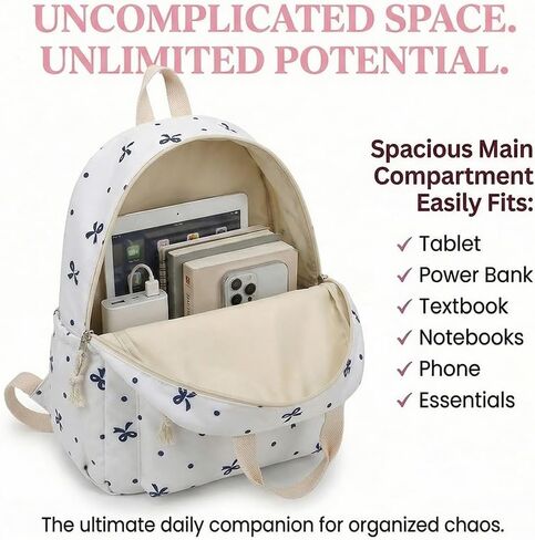 3-Piece Backpack Set for Women, Artistic Bow Daypack Fits 15 inch Laptop with Lunch Tote Bag & Pouch, Large Capacity Cute Bow Bag for Travel, Work, Commute（White and blue） in Kuwait