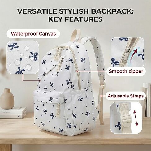 3-Piece Backpack Set for Women, Artistic Bow Daypack Fits 15 inch Laptop with Lunch Tote Bag & Pouch, Large Capacity Cute Bow Bag for Travel, Work, Commute（White and blue） in Kuwait