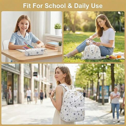 3-Piece Backpack Set for Women, Artistic Bow Daypack Fits 15 inch Laptop with Lunch Tote Bag & Pouch, Large Capacity Cute Bow Bag for Travel, Work, Commute（White and blue） in Kuwait