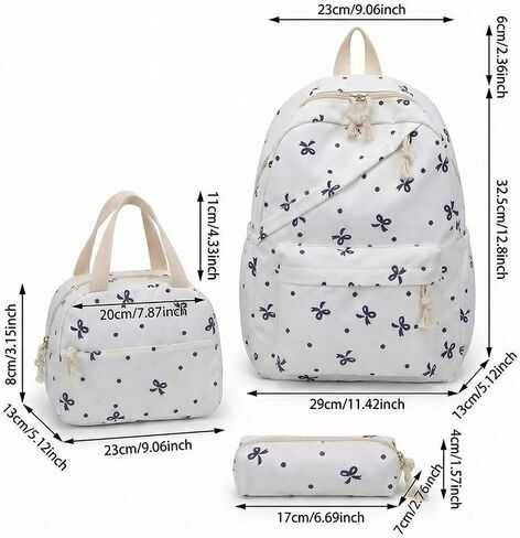 3-Piece Backpack Set for Women, Artistic Bow Daypack Fits 15 inch Laptop with Lunch Tote Bag & Pouch, Large Capacity Cute Bow Bag for Travel, Work, Commute（White and blue） in Kuwait