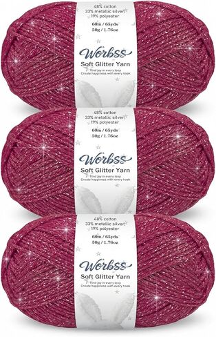 Glitter Yarn for Crocheting and Knitting - 3 Pack of 50g/(1.76oz) & 60m/(65Yards) - 1-Ply Worsted Handmade Thread - Acrylic Polyester Blend for Bag Hat and Decor in Kuwait