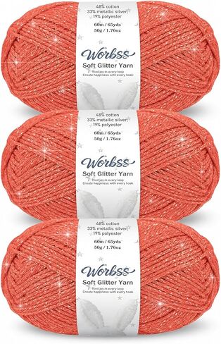 Glitter Yarn for Crocheting and Knitting - 3 Pack of 50g/(1.76oz) & 60m/(65Yards) - 1-Ply Worsted Handmade Thread - Acrylic Polyester Blend for Bag Hat and Decor in Kuwait