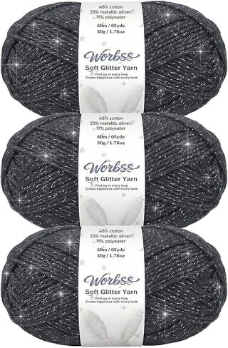 Glitter Yarn for Crocheting and Knitting - 3 Pack of 50g/(1.76oz) & 60m/(65Yards) - 1-Ply Worsted Handmade Thread - Acrylic Polyester Blend for Bag Hat and Decor in Kuwait