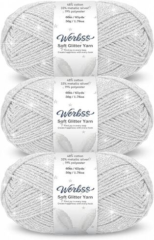 Glitter Yarn for Crocheting and Knitting - 3 Pack of 50g/(1.76oz) & 60m/(65Yards) - 1-Ply Worsted Handmade Thread - Acrylic Polyester Blend for Bag Hat and Decor in Kuwait