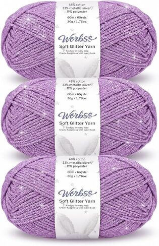 Glitter Yarn for Crocheting and Knitting - 3 Pack of 50g/(1.76oz) & 60m/(65Yards) - 1-Ply Worsted Handmade Thread - Acrylic Polyester Blend for Bag Hat and Decor in Kuwait
