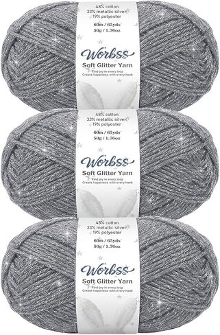 Glitter Yarn for Crocheting and Knitting - 3 Pack of 50g/(1.76oz) & 60m/(65Yards) - 1-Ply Worsted Handmade Thread - Acrylic Polyester Blend for Bag Hat and Decor in Kuwait