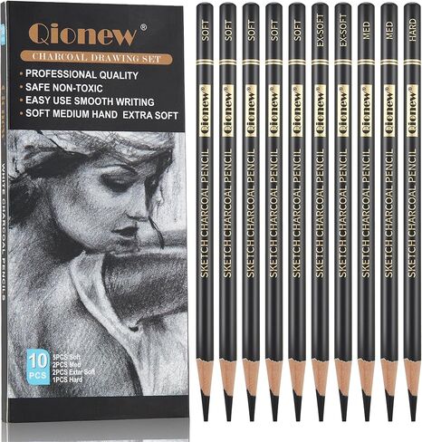 Qionew Professional Charcoal Pencils Drawing Set - 10 Pieces Super Soft, Soft, Medium & Hard Charcoal Pencils for Drawing, Sketching, Shading, Beginners & Artists in Saudi Arabia