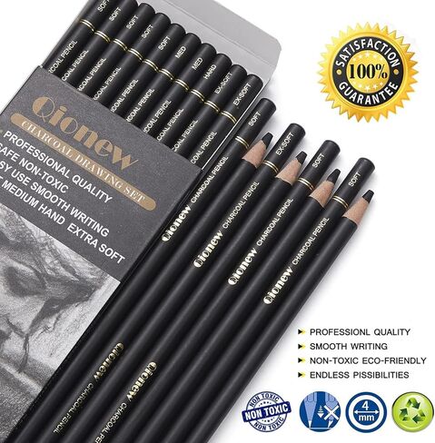 Qionew Professional Charcoal Pencils Drawing Set - 10 Pieces Super Soft, Soft, Medium & Hard Charcoal Pencils for Drawing, Sketching, Shading, Beginners & Artists in Saudi Arabia