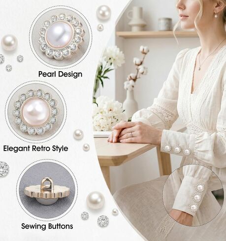 15 Pcs Pearl Buttons, Gold Retro Vintage Diamond Faux Pearl Buttons, Round Shape Sew on Embellishments Button for Dresses, Shirts in Saudi Arabia