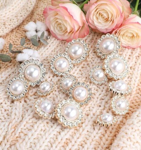 15 Pcs Pearl Buttons, Gold Retro Vintage Diamond Faux Pearl Buttons, Round Shape Sew on Embellishments Button for Dresses, Shirts in Saudi Arabia