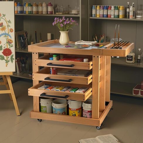 Art Supplies Cart 5-Tier Organizer,Solid Beeach Wood with 3 Drawers and Caster Wheels, Rolling Utility Storage Cart for Studio, Classroom, Artists in Saudi Arabia