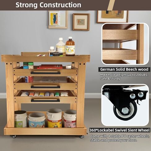 Art Supplies Cart 5-Tier Organizer,Solid Beeach Wood with 3 Drawers and Caster Wheels, Rolling Utility Storage Cart for Studio, Classroom, Artists in Saudi Arabia