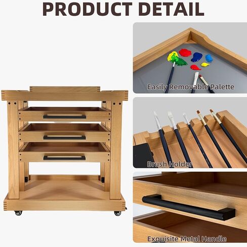 Art Supplies Cart 5-Tier Organizer,Solid Beeach Wood with 3 Drawers and Caster Wheels, Rolling Utility Storage Cart for Studio, Classroom, Artists in Saudi Arabia