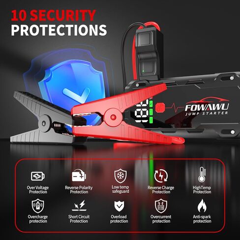 FOWAWU 26800 مللي أمبير 7000 أمبير لمركبات 12 فولت (12 لتر بنزين / 10 لتر ديزل) وموتو، حزمة طاقة بطارية السيارة مع وصلة ذكية، شاشة كبيرة 5 * 3.5 سم ومصباح LED in Kuwait