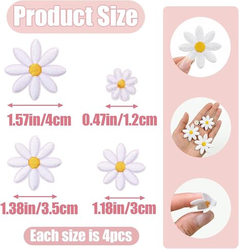 16 Pcs Iron on Patches for Clothes Ideal for Clothes,Jeans,Hats,Backpack,4 Sizes Cute Daisy Flower Applique Patch White,Sew On Embroidered Applique Sewing Patches for Bags in Saudi Arabia