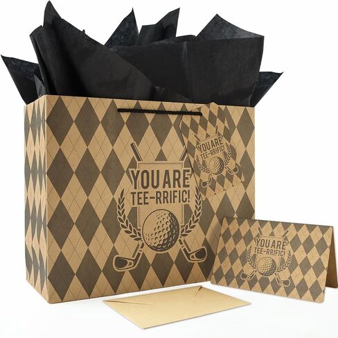 JAYTEM Kraft Golf Gift Bag 13" Large Classic Argyle Pattern Golf Design Gift Bag Set with Greeting Card, Tag, Envelope & Tissue Paper for Men Father's Day, Golf Themed Birthday, Sports Party Favor in Saudi Arabia