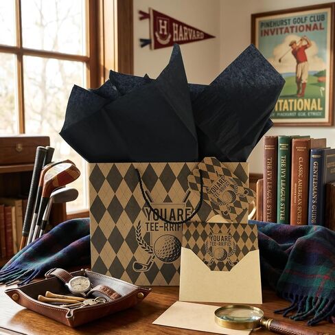 JAYTEM Kraft Golf Gift Bag 13" Large Classic Argyle Pattern Golf Design Gift Bag Set with Greeting Card, Tag, Envelope & Tissue Paper for Men Father's Day, Golf Themed Birthday, Sports Party Favor in Saudi Arabia
