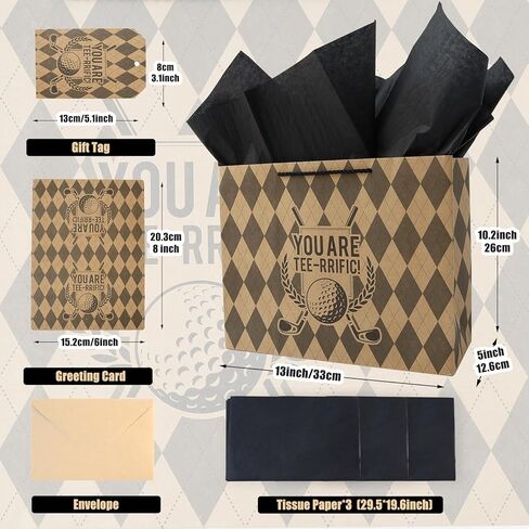 JAYTEM Kraft Golf Gift Bag 13" Large Classic Argyle Pattern Golf Design Gift Bag Set with Greeting Card, Tag, Envelope & Tissue Paper for Men Father's Day, Golf Themed Birthday, Sports Party Favor in Saudi Arabia