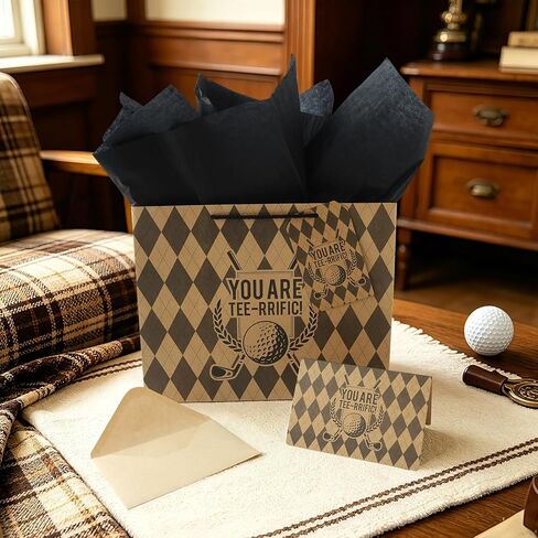 JAYTEM Kraft Golf Gift Bag 13" Large Classic Argyle Pattern Golf Design Gift Bag Set with Greeting Card, Tag, Envelope & Tissue Paper for Men Father's Day, Golf Themed Birthday, Sports Party Favor in Saudi Arabia