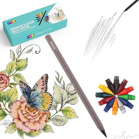 Forever Pencil,Metal Alloy Writing Instrument, With 12 Colored Refill Tips, No Sharpening Required, Pencils for Drawing, Sketching and Writing,Bonus Gift Storage Box (Black, No Gift Box) in Kuwait