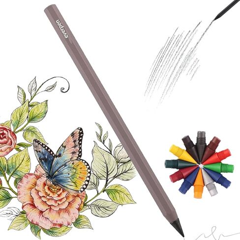 Forever Pencil,Metal Alloy Writing Instrument, With 12 Colored Refill Tips, No Sharpening Required, Pencils for Drawing, Sketching and Writing,Bonus Gift Storage Box (Black, No Gift Box) in Kuwait