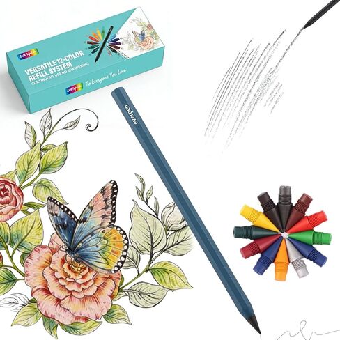 Forever Pencil,Metal Alloy Writing Instrument, With 12 Colored Refill Tips, No Sharpening Required, Pencils for Drawing, Sketching and Writing,Bonus Gift Storage Box (Black, No Gift Box) in Kuwait