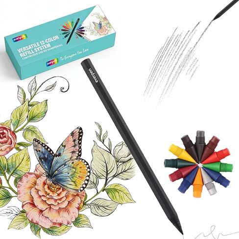 Forever Pencil,Metal Alloy Writing Instrument, With 12 Colored Refill Tips, No Sharpening Required, Pencils for Drawing, Sketching and Writing,Bonus Gift Storage Box (Black, No Gift Box) in Kuwait