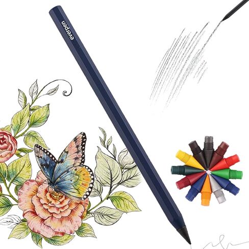 Forever Pencil,Metal Alloy Writing Instrument, With 12 Colored Refill Tips, No Sharpening Required, Pencils for Drawing, Sketching and Writing,Bonus Gift Storage Box (Black, No Gift Box) in Kuwait