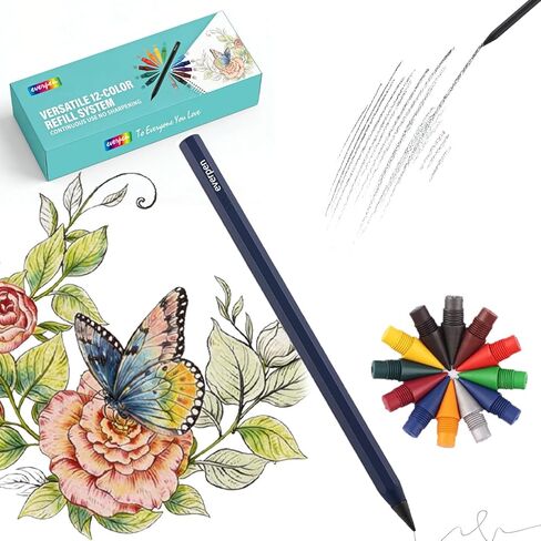 Forever Pencil,Metal Alloy Writing Instrument, With 12 Colored Refill Tips, No Sharpening Required, Pencils for Drawing, Sketching and Writing,Bonus Gift Storage Box (Black, No Gift Box) in Kuwait