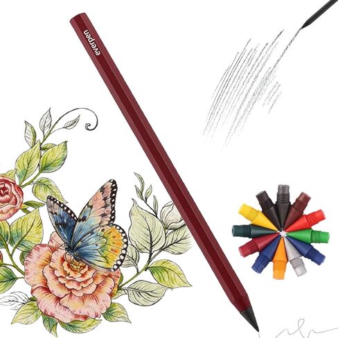 Forever Pencil,Metal Alloy Writing Instrument, With 12 Colored Refill Tips, No Sharpening Required, Pencils for Drawing, Sketching and Writing,Bonus Gift Storage Box (Black, No Gift Box) in Kuwait