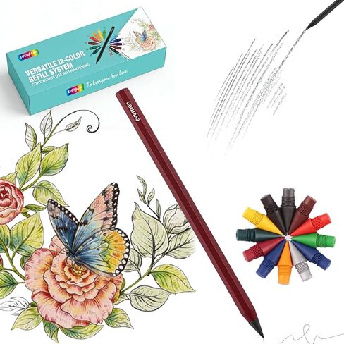 Forever Pencil,Metal Alloy Writing Instrument, With 12 Colored Refill Tips, No Sharpening Required, Pencils for Drawing, Sketching and Writing,Bonus Gift Storage Box (Black, No Gift Box) in Kuwait
