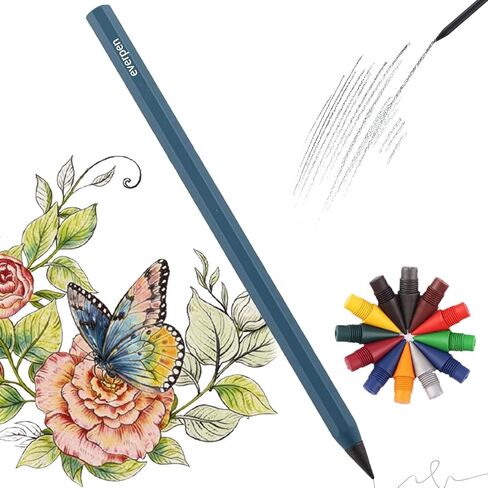 Forever Pencil,Metal Alloy Writing Instrument, With 12 Colored Refill Tips, No Sharpening Required, Pencils for Drawing, Sketching and Writing,Bonus Gift Storage Box (Black, No Gift Box) in Kuwait