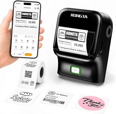 آلة صنع ملصقات Rongta Bluetooth، طابعة ملصقات حرارية سهلة الاستخدام للمكتب والمنزل والأعمال التجارية، تأتي مع لفة واحدة مقاس 2 × 1.18 بوصة ملصق أبيض (أسود) in Kuwait