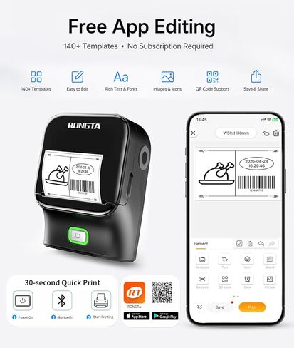 آلة صنع ملصقات Rongta Bluetooth، طابعة ملصقات حرارية سهلة الاستخدام للمكتب والمنزل والأعمال التجارية، تأتي مع لفة واحدة مقاس 2 × 1.18 بوصة ملصق أبيض (أسود) in Kuwait